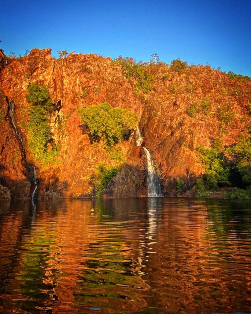 Golden hour photography, sunset light at Wangi Falls on the dry season at Litchfield National Park