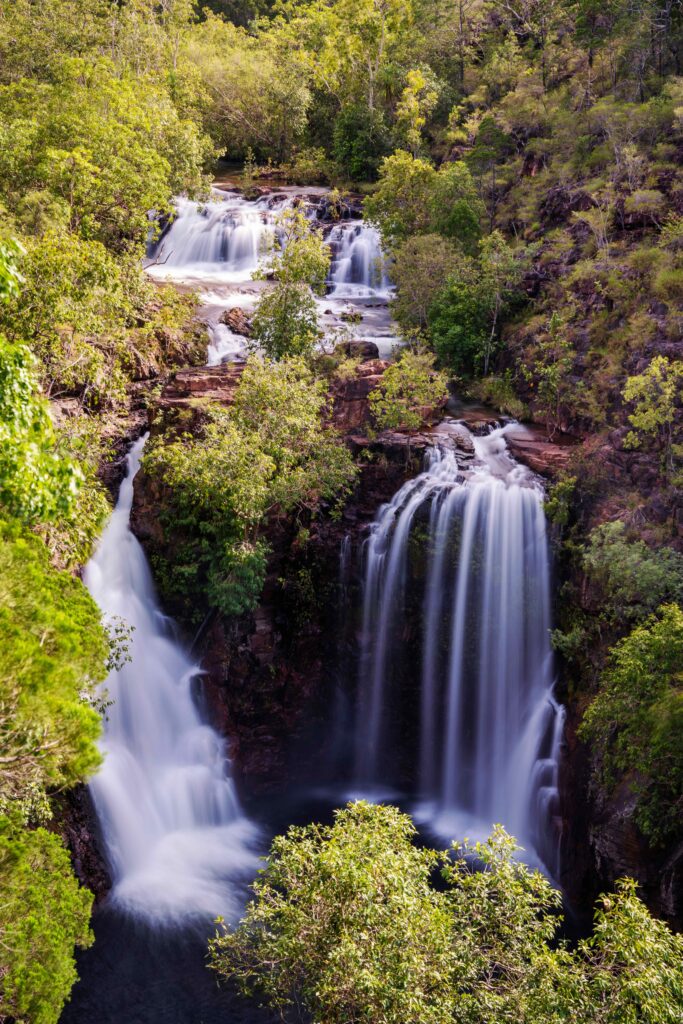 Aerial shot of Florence Falls flowing at Litchfield National Park