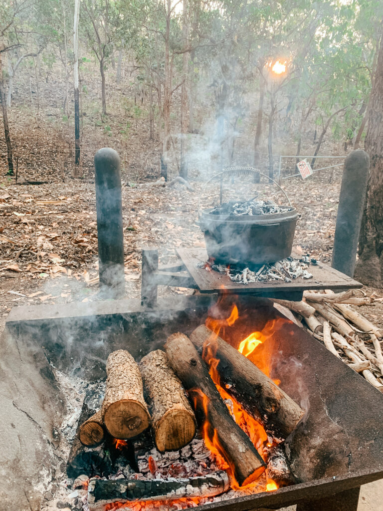 Cooking station in a camping side, pot over a campfire at Lichfield National Park