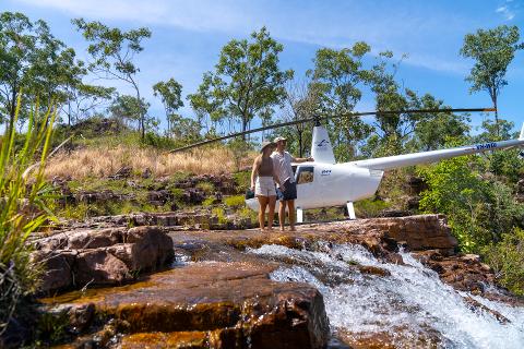 Helicopter landing at Tjaynera Falls (Sandy Creek Falls) Finniss Flavours & Litchfield Swim